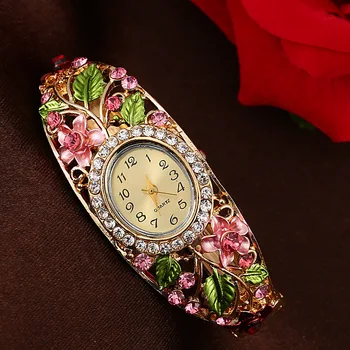 Женские часы Beauty Crystal Из цветного сплава с цветочным браслетом, золотой Аналоговый Кварц, Драгоценный камень, Классическое платье, Наручные часы Relogio
