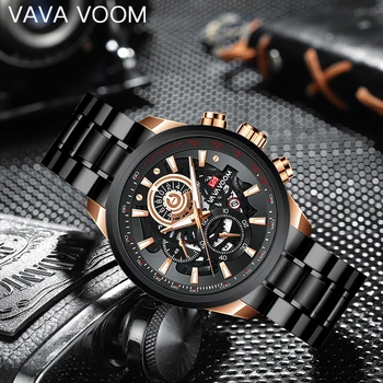 Бренд мужских часов VAVA VOOM, мужские кварцевые часы, водонепроницаемые спортивные наручные часы со скелетом, мужские кожаные часы с календарем с полым циферблатом