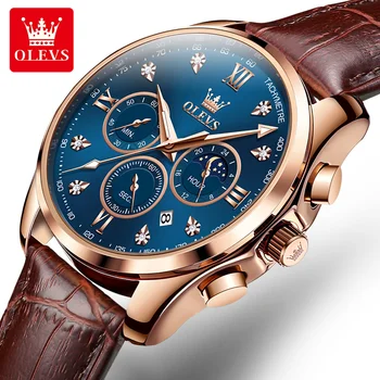 Оригинальные кварцевые мужские часы OLEVS с кожаным ремешком и индикацией даты, деловые повседневные наручные часы с бриллиантами, кварцевые часы для мужчин от ведущего бренда
