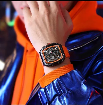 Мужские кварцевые часы с хронографом, военный спортивный наручный часы с тонным циферблатом, оранжевый силиконовый ремешок, автоматическая дата, бесплатная доставка