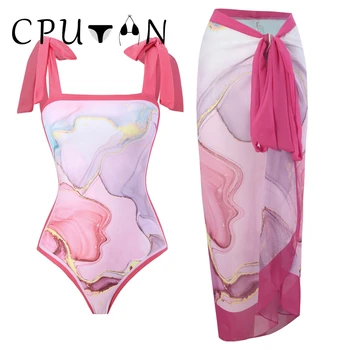 CPUTAN 2023, Розовый сексуальный цельный купальник, юбка с винтажным принтом, женские купальники, пляжное женское платье-монокини, купальный костюм