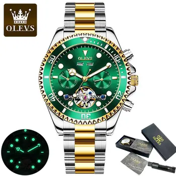OLEVS Tourbillon Лучшие мужские автоматические механические часы с водонепроницаемым ремешком из нержавеющей стали, наручные часы со светящимся скелетом даты для мужчин