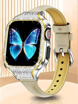 Металлический Блестящий Чехол + Кожаный Ремешок Для Apple Watch Band 40 мм 41 мм из нержавеющей Стали с Бриллиантовым покрытием + браслет iwatch series se 7 6 5 4 8