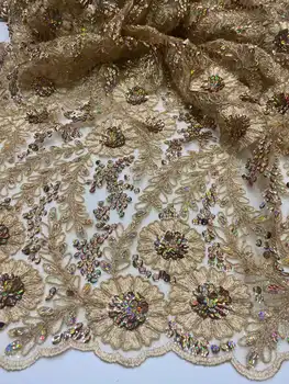 Кружевная ткань с пайетками в Нигерийском стиле 2023, Высококачественная Золотая Африканская тюлевая ткань с вышивкой для шитья свадебного платья, Сетчатое кружево 5 ярдов