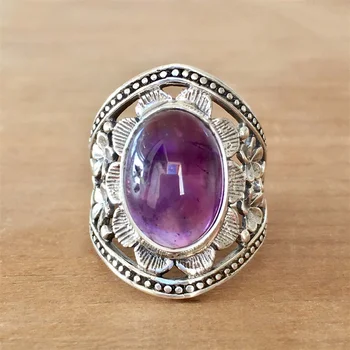 Роскошное женское кольцо с большим овальным цветком, Модные Обручальные кольца серебряного цвета Для женщин, Винтажные обручальные кольца с фиолетовым камнем, ювелирные изделия из обручальных колец