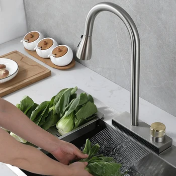 Матовый Серый кран с водопадом, кухонный кран для горячей и холодной воды, Выдвижной кухонный смеситель на 360 градусов