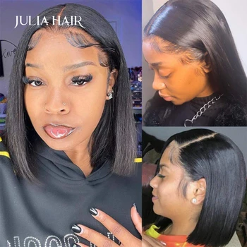 Julia Hair Короткие Прямые парики-Бобы на шнурках, предварительно выщипанные с детскими волосками Вдоль линии роста волос 100% Человеческие волосы без челки