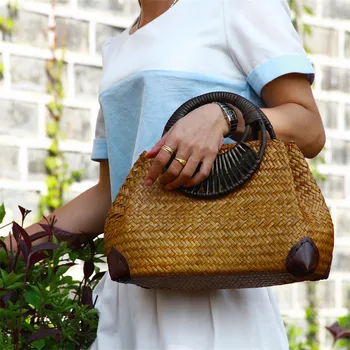 Модная женская ручная сумка, тайская версия соломенной сумки, ретро-ваза, сумка из виноградной лозы, дорожная пляжная сумка, сумочка с бамбуковой деревянной ручкой.