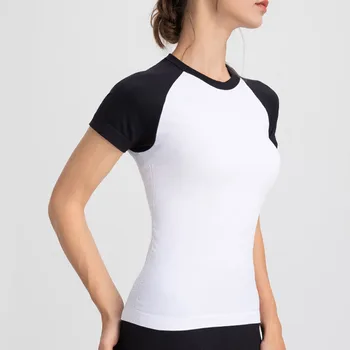 Спортивные рубашки, женские дышащие эластичные футболки для йоги, нейлоновый мягкий облегающий топ для фитнеса с коротким рукавом, спортивная одежда в стиле пэчворк