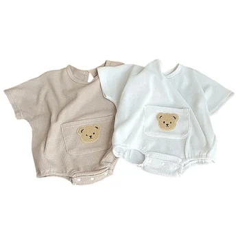 Детский комбинезон с Корейским медведем для мальчиков и девочек, летний комбинезон для новорожденных, комбинезон с короткими рукавами и вафлями, модная одежда для младенцев