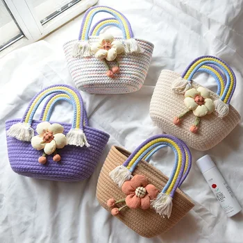 Корейская версия сумки для хранения из хлопчатобумажной веревки, универсальная сумочка, маленькие соломенные сумки со свежими цветами, радужная ручка