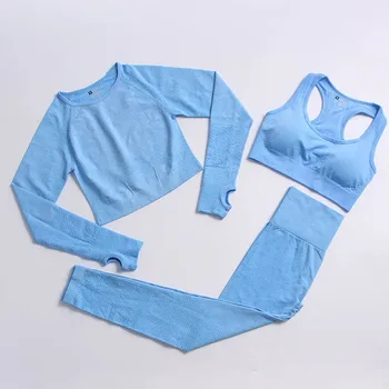 Многоцветный 3шт бесшовный комплект для йоги, спортивный костюм для бега, леггинсы для фитнеса, укороченный топ с длинным рукавом, одежда для тренировок для женщин