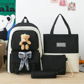 4 шт./компл., студенческий школьный рюкзак с милым медведем, множество карманов, рюкзак для студентов колледжа, холст большой емкости, повседневный для девочек-подростков