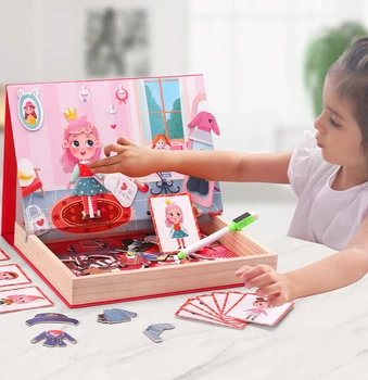 Детская деревянная игрушка, развивающая Многофункциональная Магнитная Двусторонняя головоломка, головоломка для одевания мультяшной девочки, Белая настольная игрушка