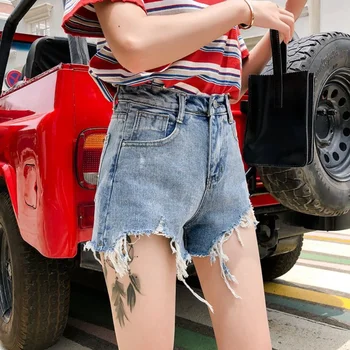 Джинсовые шорты Женские для похудения Сетчатые Красные Студенческие Корейская версия С высокой талией Новый стиль Рваные широкие брюки Одежда Sexyi