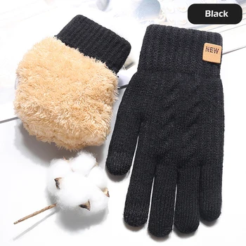 Толстые плюшевые двухслойные зимние перчатки для мужчин, черные вязаные лыжные перчатки с сенсорным экраном на весь палец