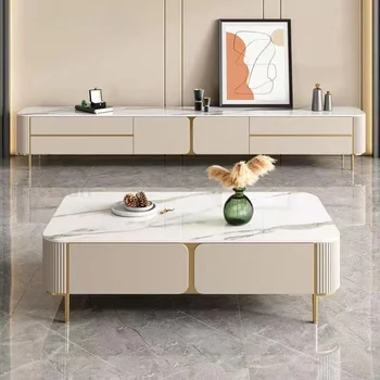 Минималистичная мебель для гостиной, каменная панель, золотые линии из нержавеющей стали и белый ТВ-шкаф с выдвижными ящиками, прямоугольный журнальный столик