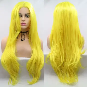Натуральный Прямой синтетический парик с кружевом спереди, Бесклеевое термостойкое волокно желтого цвета, натуральная линия роста волос, средний пробор для женщин