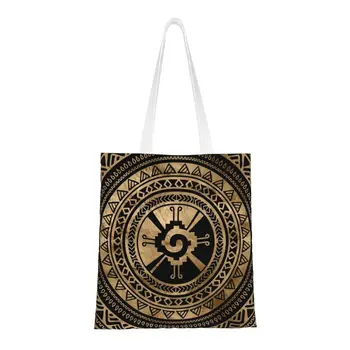 Модный принт Хунаб Ку Символ Майя, черно-золотые сумки для покупок, Многоразовая холщовая сумка для покупок