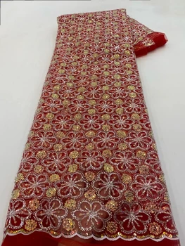 Африканская кружевная ткань из бисера 2023, высококачественный 5-ярдовый роскошный тюлевый материал с сетчатыми блестящими пайетками для свадебного платья