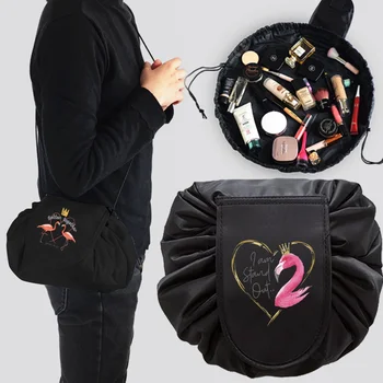 Дорожная косметичка на шнурке, портативная сумка для хранения косметики, женская сумка-органайзер с рисунком фламинго большой емкости, клатч для хранения