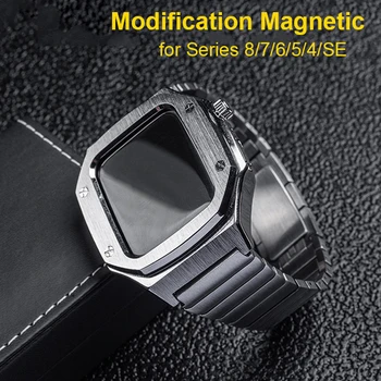 Новейшая модификация магнитного корпуса из нержавеющей стали для Apple Watch Band Series 8 7 45 мм металлического ремешка для iWatch 6 5 4 SE 44 мм