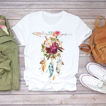 Женские летние футболки с коротким рукавом Dream Feather с модным принтом, женская футболка, женская футболка для путешествий с графическим рисунком.