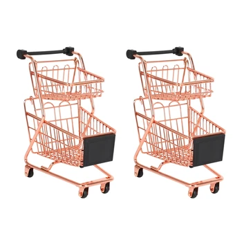2X Мини-двухслойная модель корзины для покупок из кованого железа Тележка для супермаркета Металлическая корзина для хранения из розового золота Розовое золото