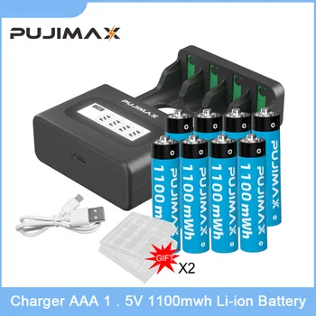 PUJIMAX 4шт AAA 1,5 В 1100 МВтч Литий-ионная Аккумуляторная Батарея 4-Слотное Смарт-ЖК-Литиевое Зарядное Устройство С Батарейным Блоком + Кабель