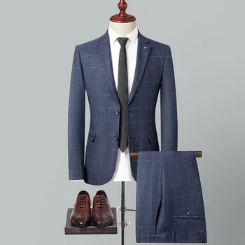 Синие клетчатые мужские костюмы, комплект из 2 предметов, джентльменские блейзеры и брюки, свадебная мужская одежда, элегантные комплекты деловых офисных пиджаков для мужчин